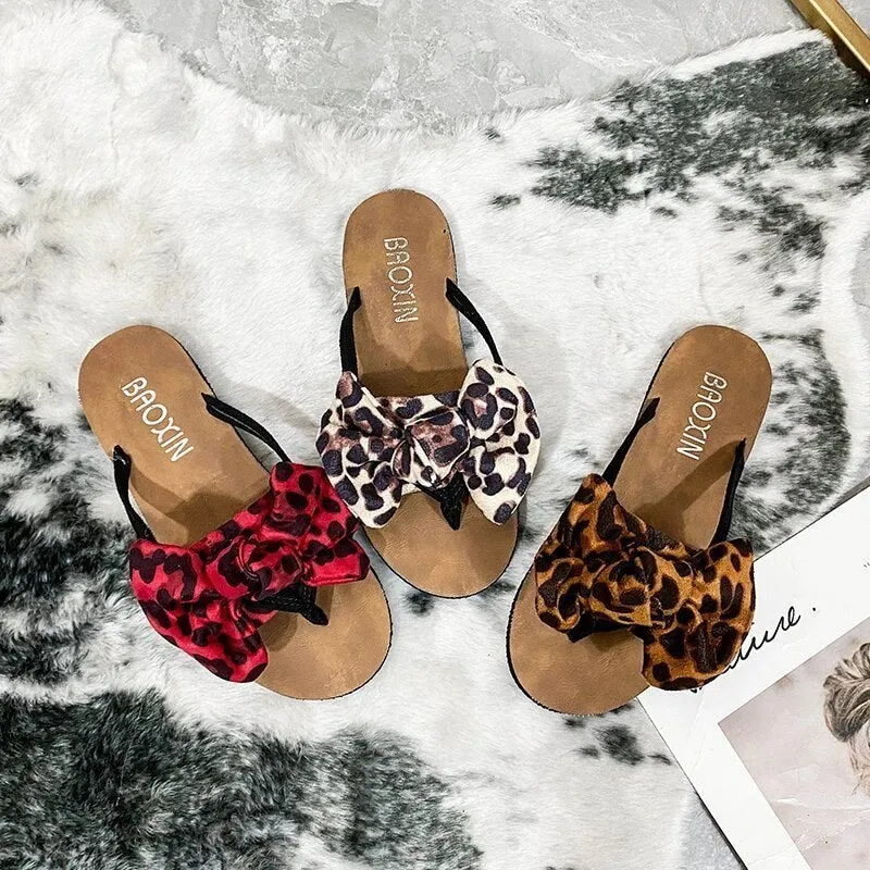 2025 Hot Sale Ladies Open Toe Slippers with Bow Tie and Leopard Print – Plus Size Flat Outdoor Daily Sandals for Women