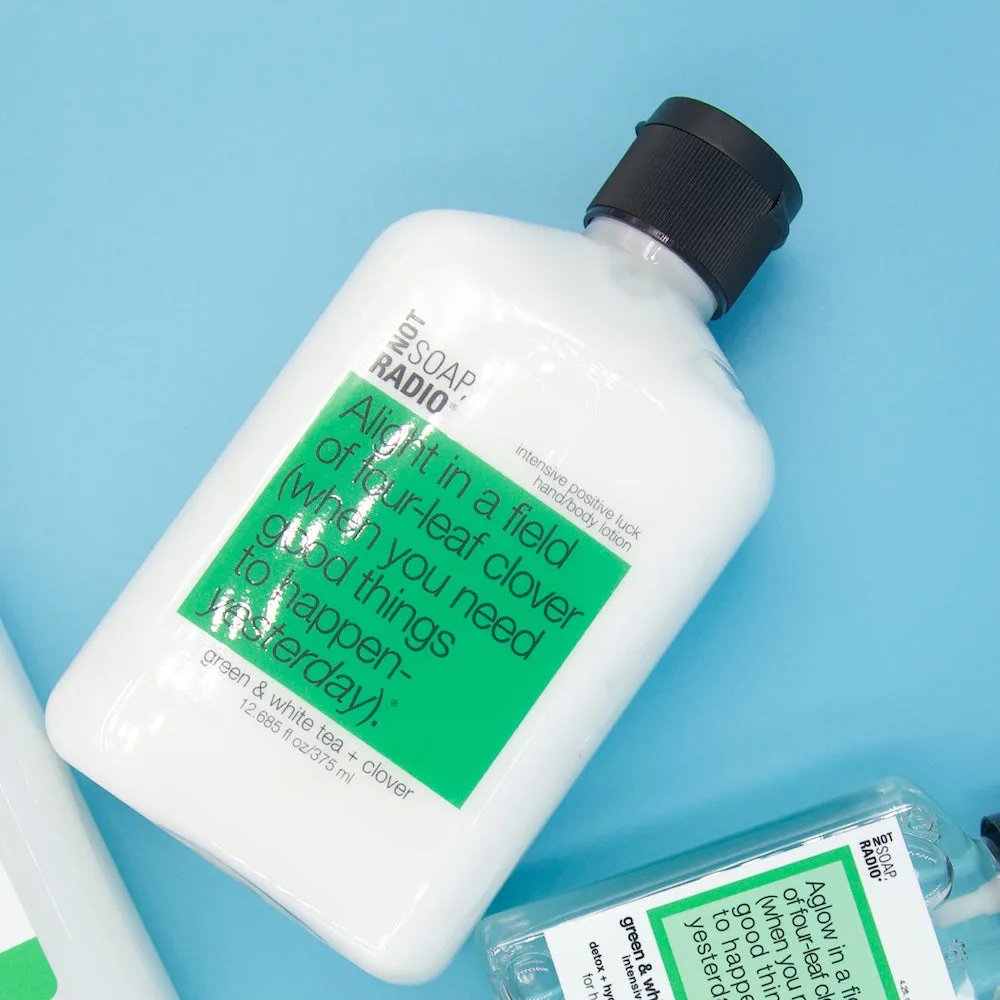 Alight in a field of four-leaf clover (when you need good things to happen- yesterday). <b>hand/body lotion</b>