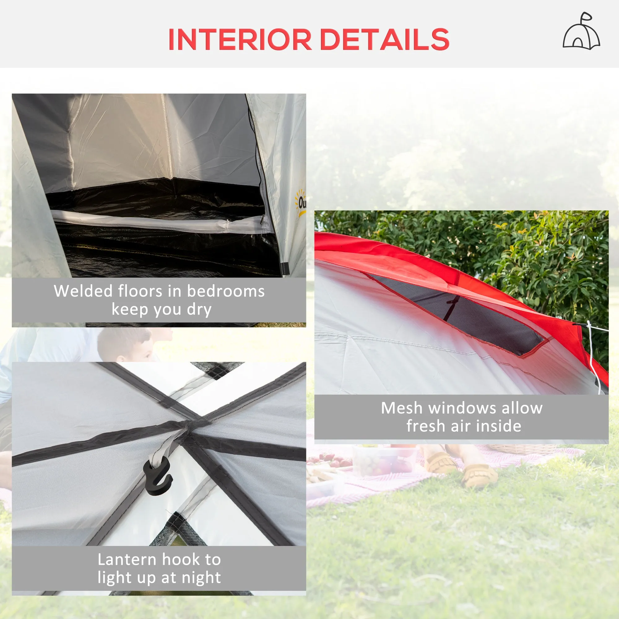 Four-Man Tunnel Tent, with Two Bedrooms and Living Room - Grey/Red