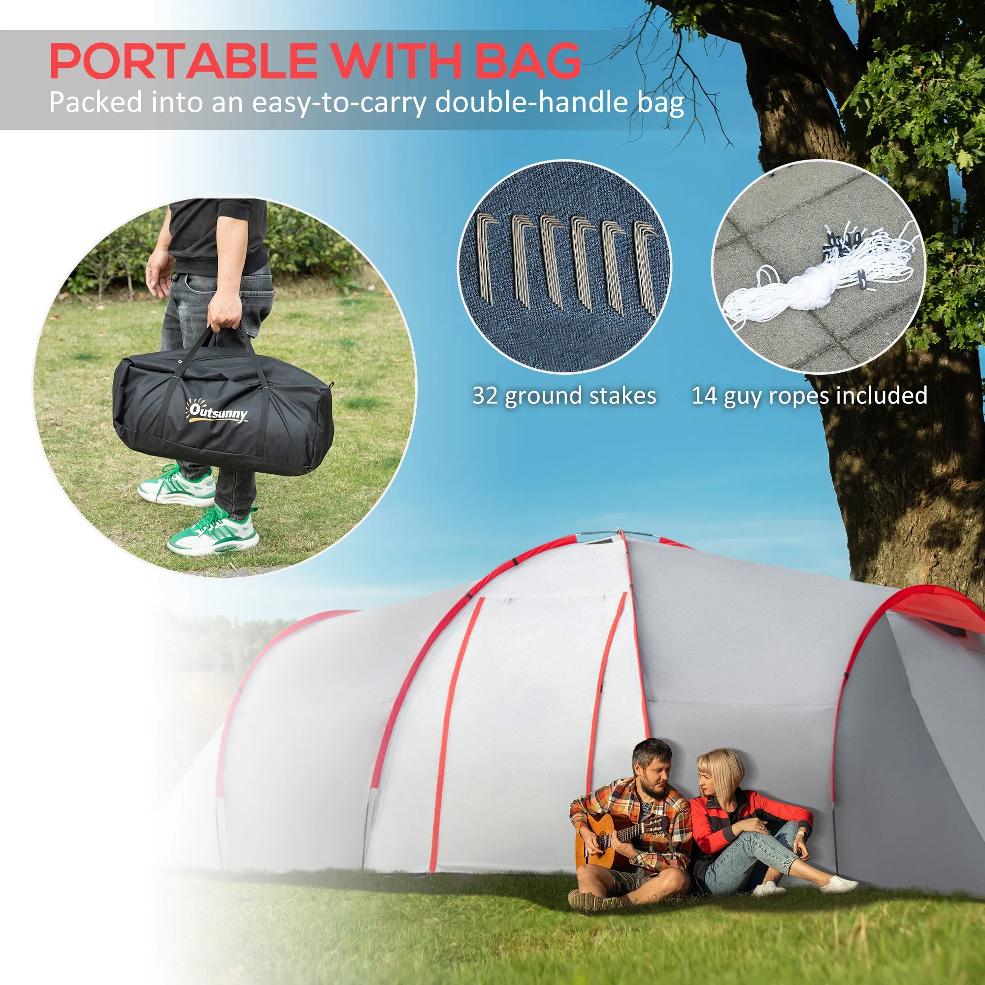 Four-Man Tunnel Tent, with Two Bedrooms and Living Room - Grey/Red
