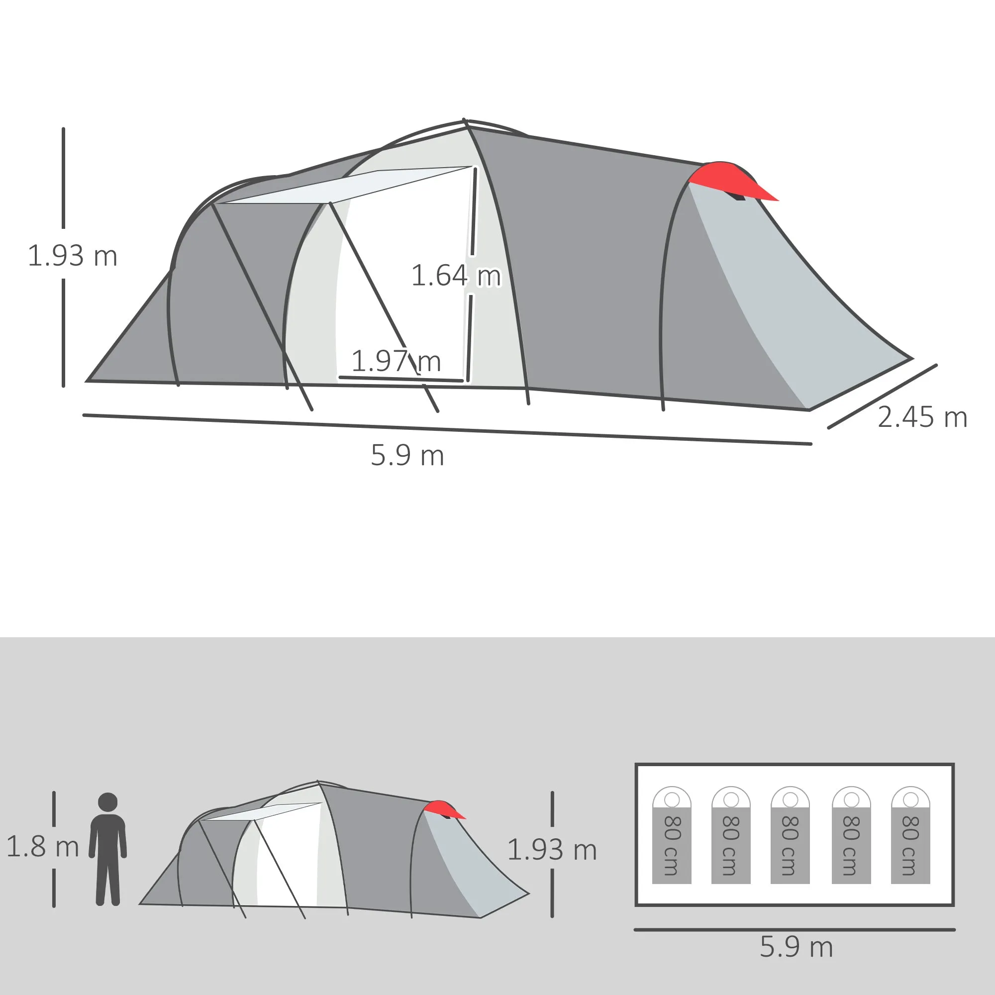 Four-Man Tunnel Tent, with Two Bedrooms and Living Room - Grey/Red