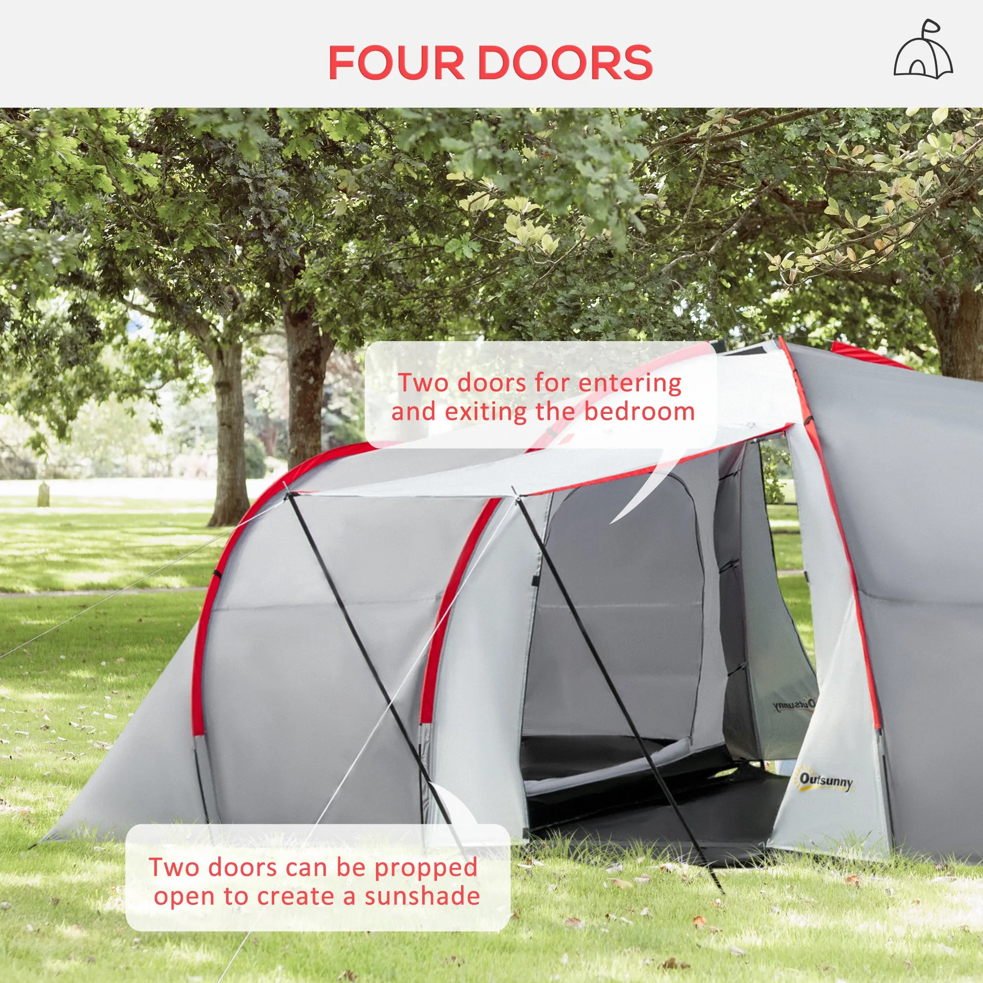 Four-Man Tunnel Tent, with Two Bedrooms and Living Room - Grey/Red