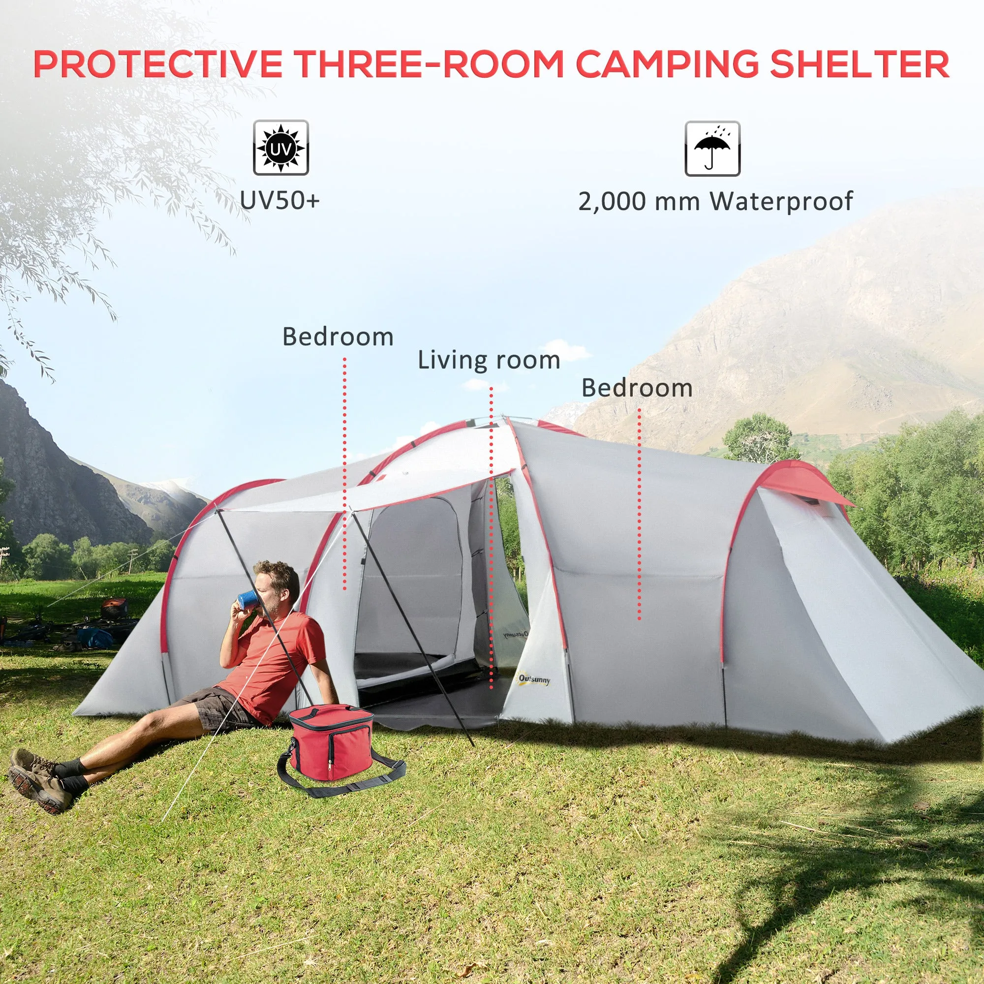 Four-Man Tunnel Tent, with Two Bedrooms and Living Room - Grey/Red