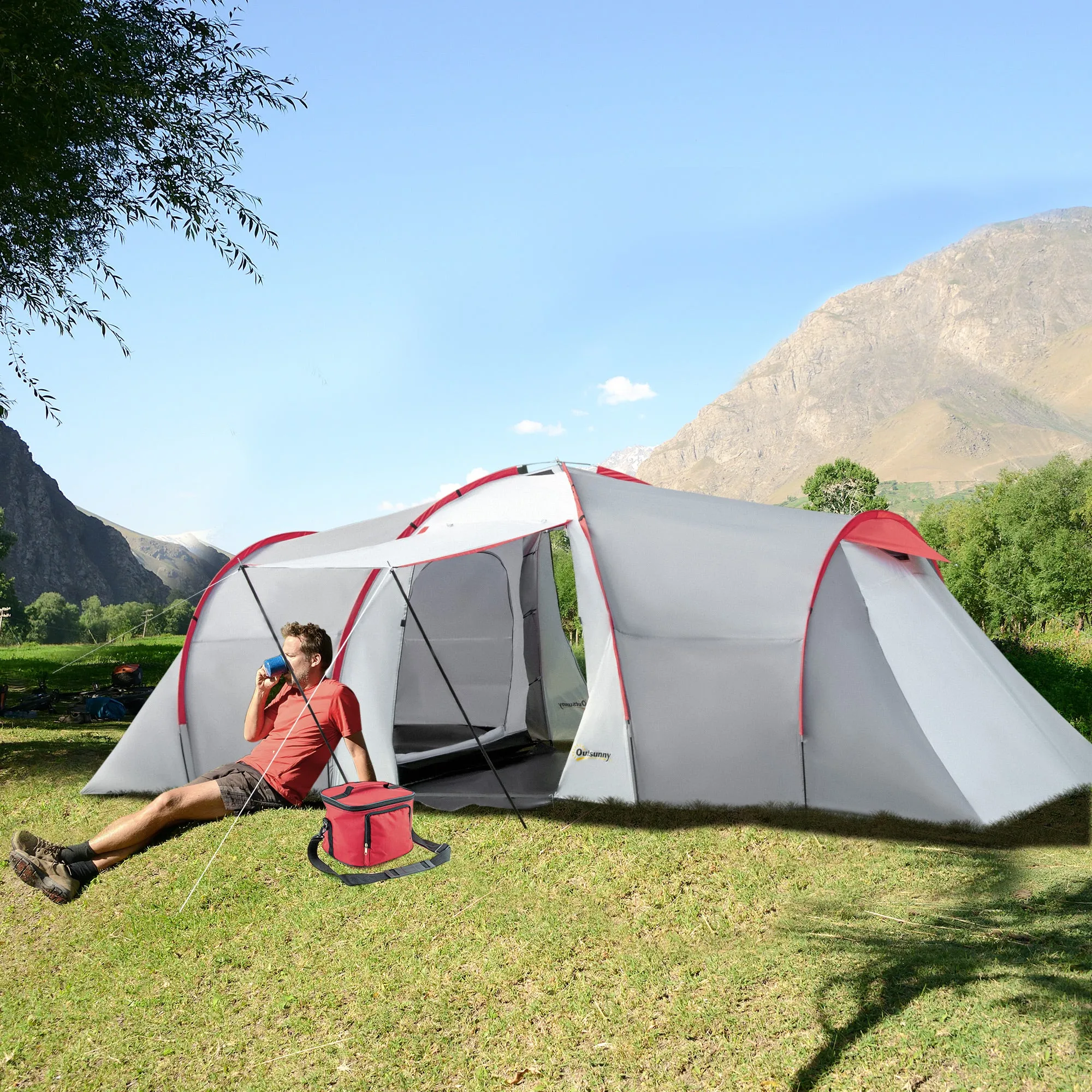 Four-Man Tunnel Tent, with Two Bedrooms and Living Room - Grey/Red
