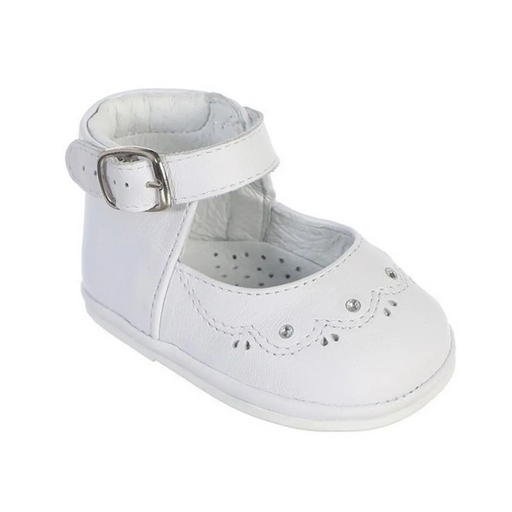 Little Girls White Stitch Detail Ankle Strap Baptism Dress Shoes 5-6 Toddler