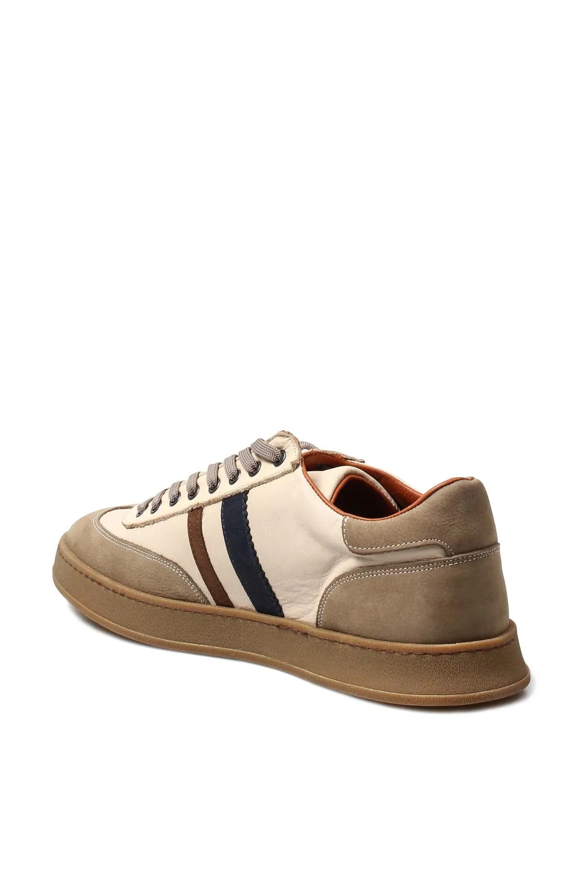 Men's Beige Leather Sneakers with Brown and Navy Stripes - Wessi