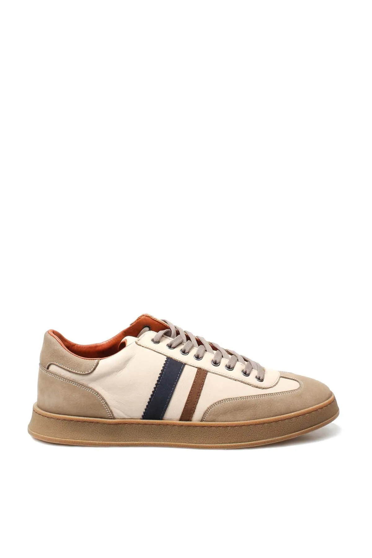 Men's Beige Leather Sneakers with Brown and Navy Stripes - Wessi
