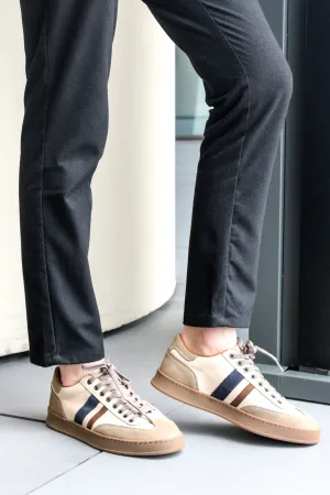 Men's Beige Leather Sneakers with Brown and Navy Stripes - Wessi