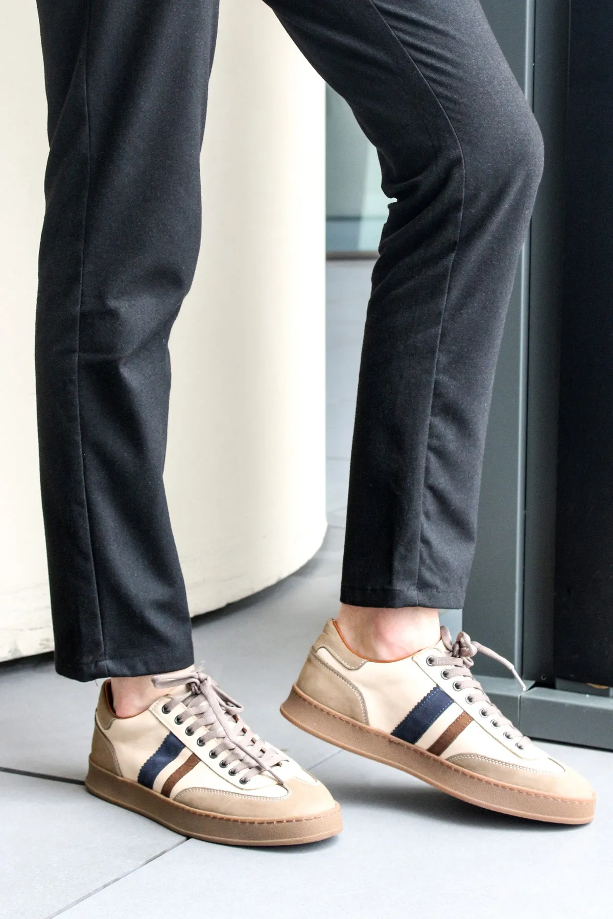 Men's Beige Leather Sneakers with Brown and Navy Stripes - Wessi