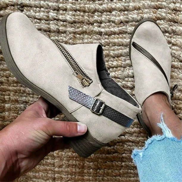 NEW Retails $45 NECHOLOGY Women's Ankle Boots Round Head Side Zipper (Beige, 7)