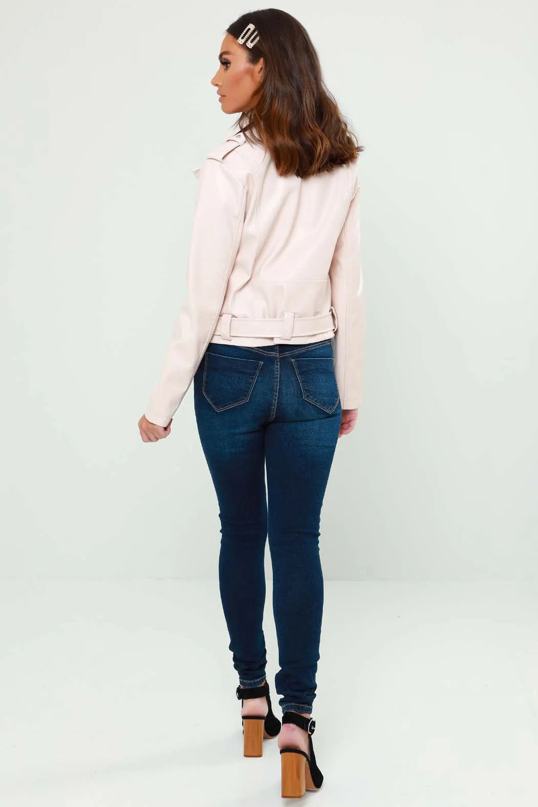 Pale Pink Leather-Look Belted Biker Jacket