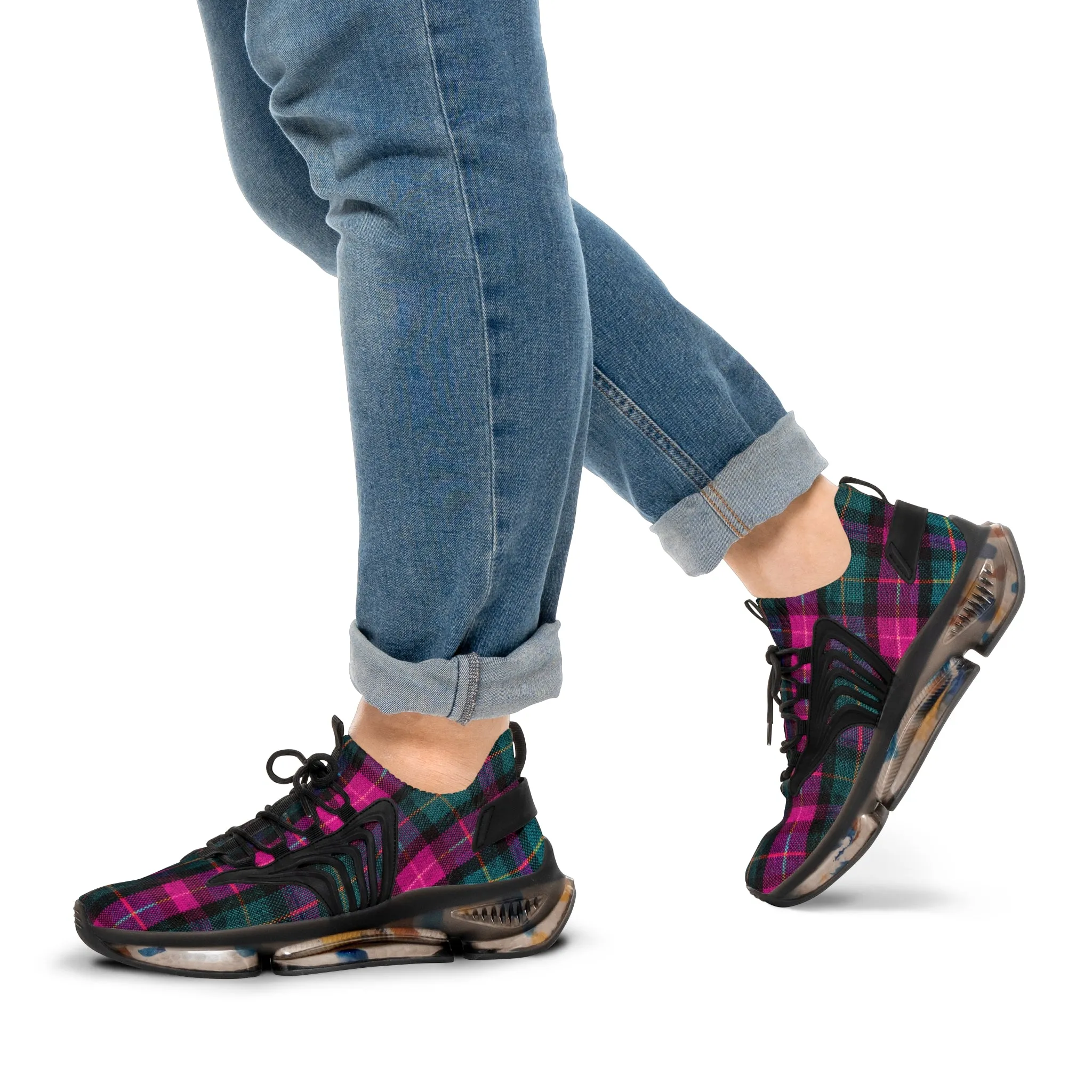 Pink Plaid Men's Mesh Sneakers, Best Pink and Green Plaid Print Men's Sneakers Best Comfy Men's Mesh Sports Sneakers Shoes (US Size: 5-12)