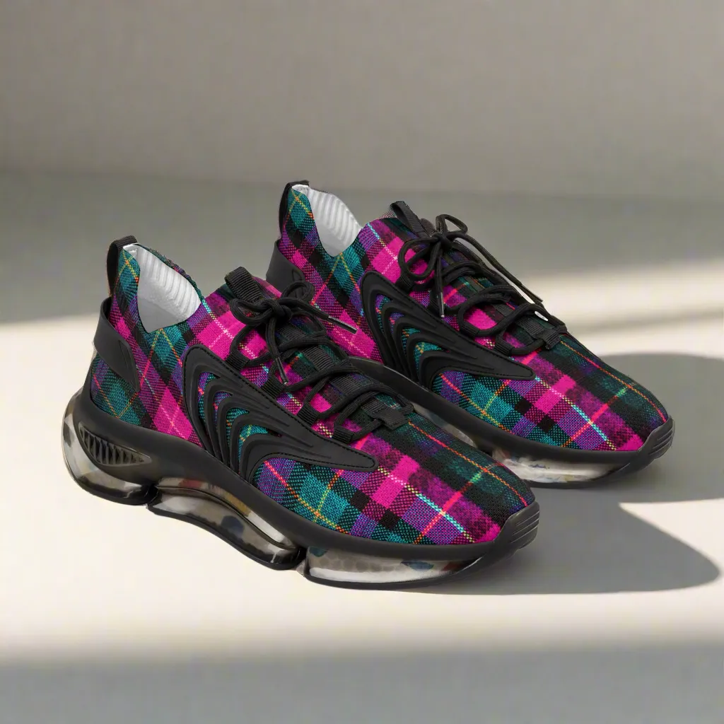 Pink Plaid Men's Mesh Sneakers, Best Pink and Green Plaid Print Men's Sneakers Best Comfy Men's Mesh Sports Sneakers Shoes (US Size: 5-12)