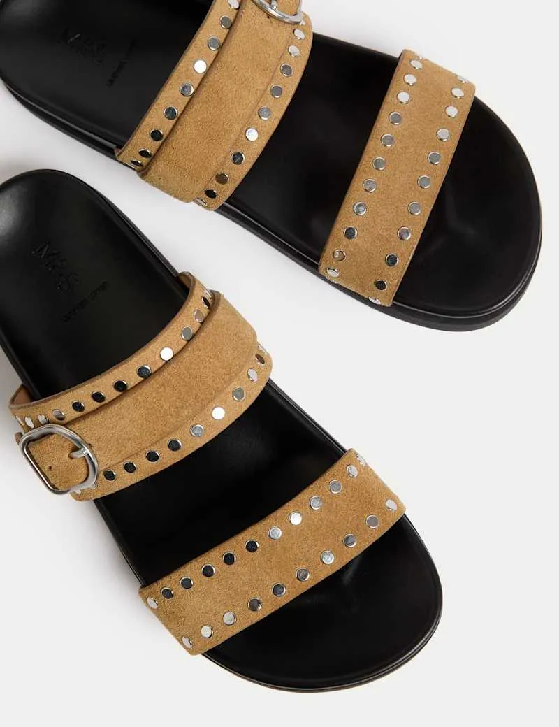 Suede Studded Strappy Footbed Sandals