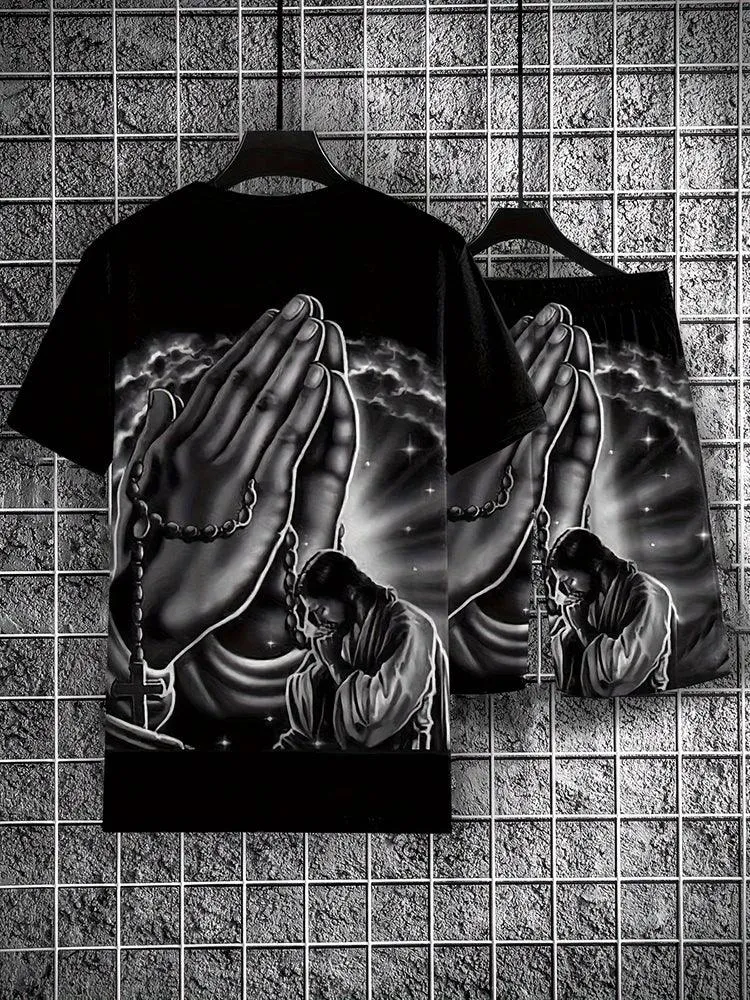 Summer Men's Casual Trend Short Sleeve Shorts Set 3D Printed Prayer Handprint T-Shirt and Shorts Set Summer Outdoor Casual Set