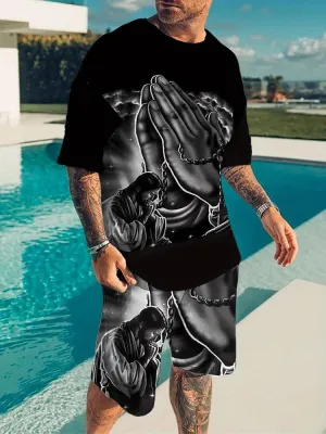 Summer Men's Casual Trend Short Sleeve Shorts Set 3D Printed Prayer Handprint T-Shirt and Shorts Set Summer Outdoor Casual Set