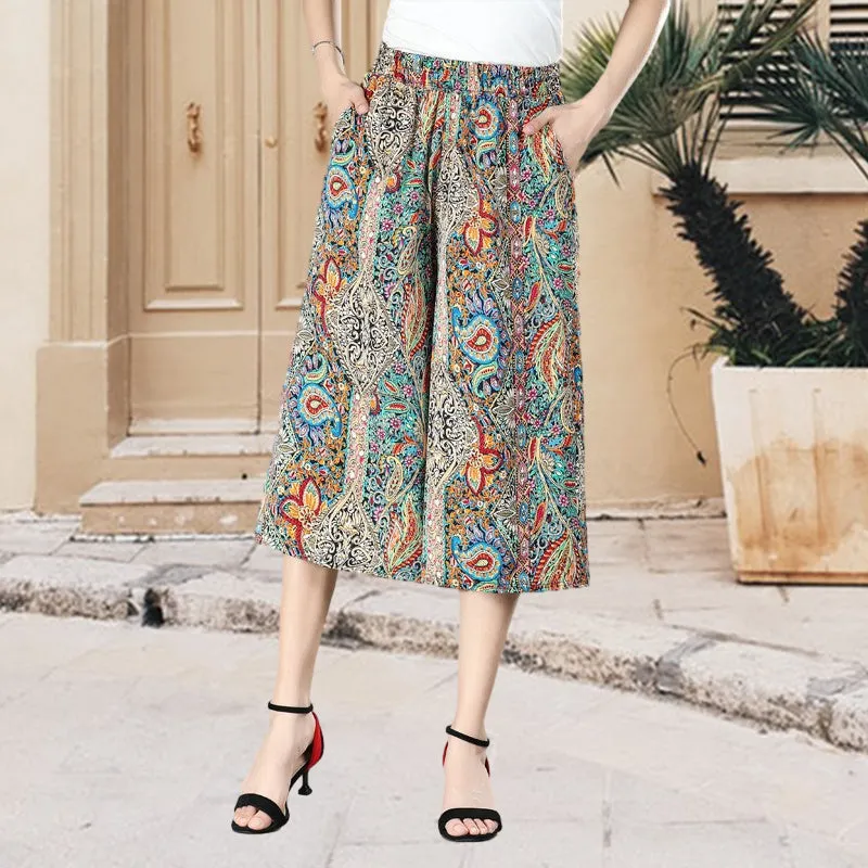 Women's High Elastic Waist Pleated Chiffon Wide Leg Culottes