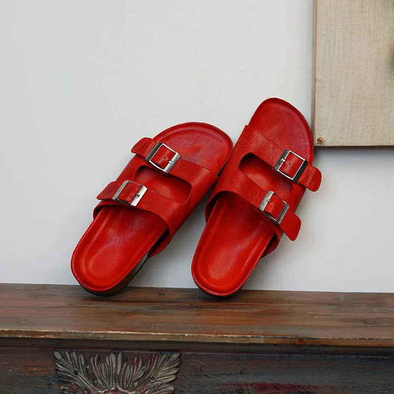 Women's Leather Double-strap Slippers Footbed Sandals for Summer in Red/Black/Apricot
